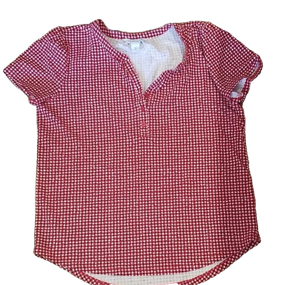 Liz Claiborne Red White Gingham Short Sleeve Henley Top Blouse PM Petite Coastal